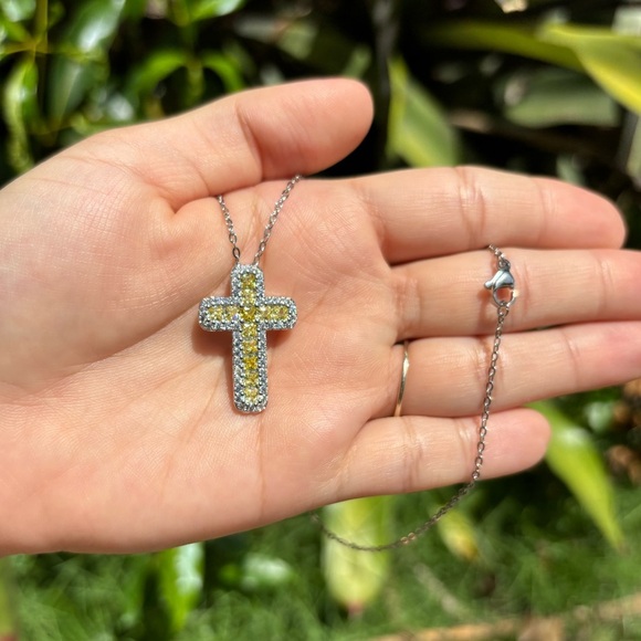 18K White Gold Plated Yellow Diamond Cross Necklace - Picture 5 of 5